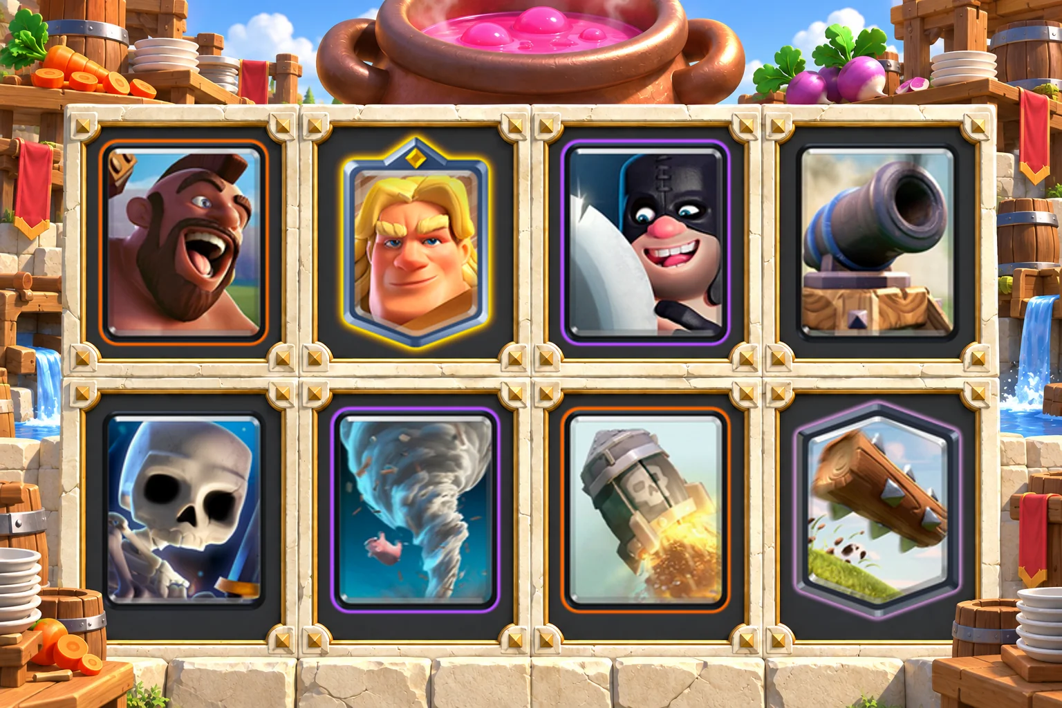 Golden Knight Hog Executioner cards in order: Hog Rider, Golden Knight, Executioner, Cannon, Skeletons, Tornado, Rocket, The Log