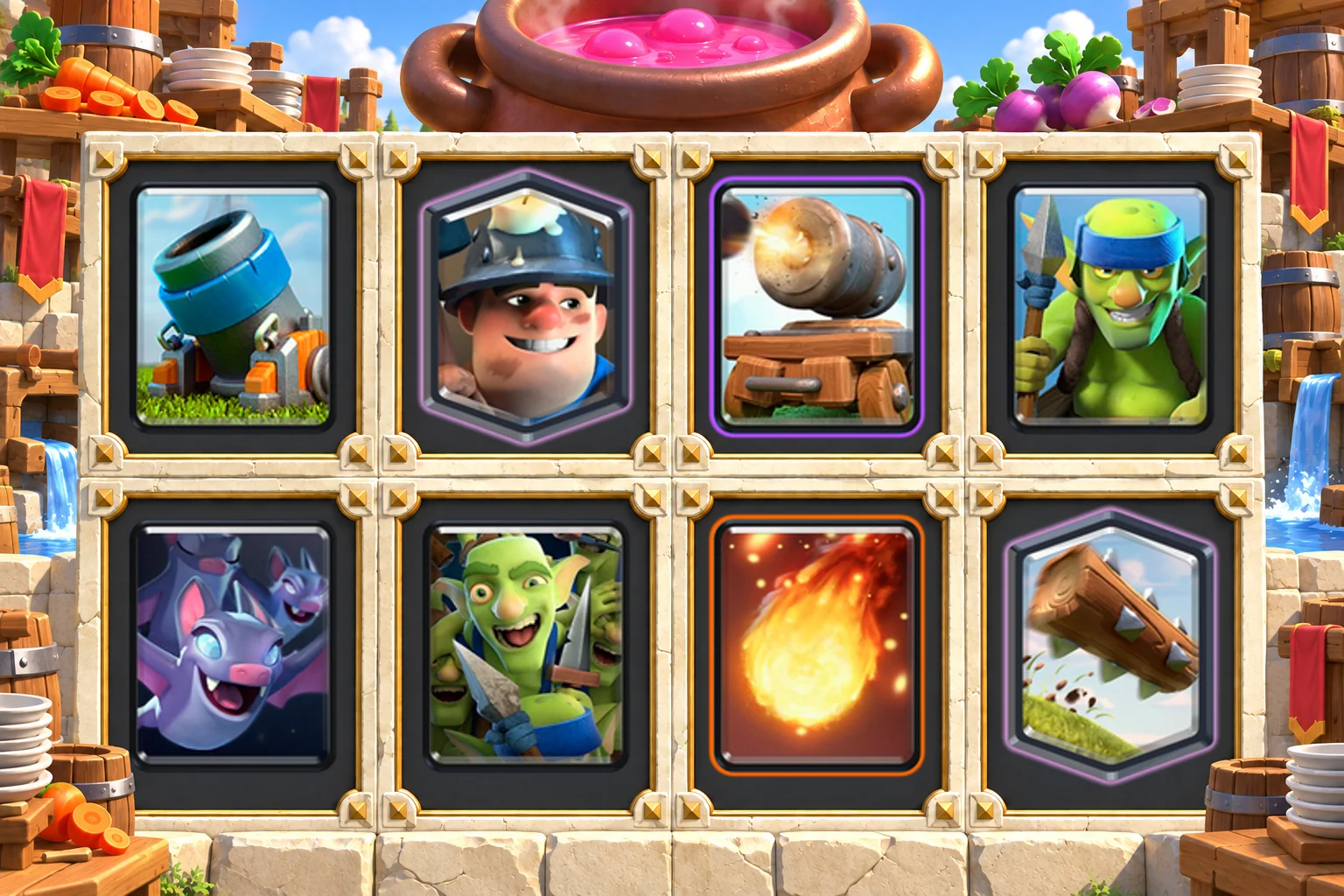 Mortar Miner Cannon Cart cards in order: Mortar, Miner, Cannon Cart, Spear Goblins, Bats, Goblin Gang, Fireball, The Log