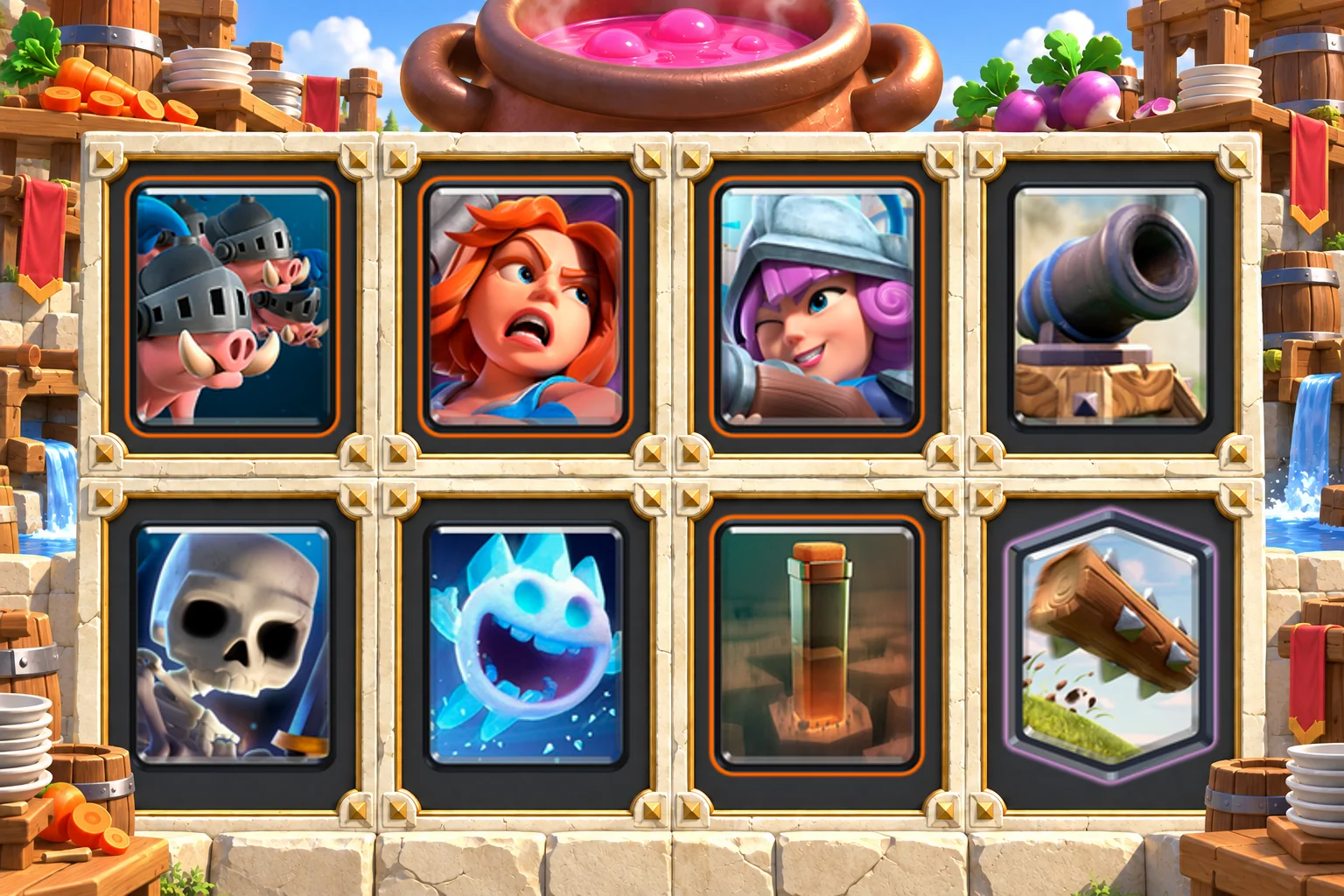 Royal Hogs Musketeer Earthquake cards in order: Royal Hogs, Valkyrie, Musketeer, Cannon, Skeletons, Ice Spirit, Earthquake, The Log