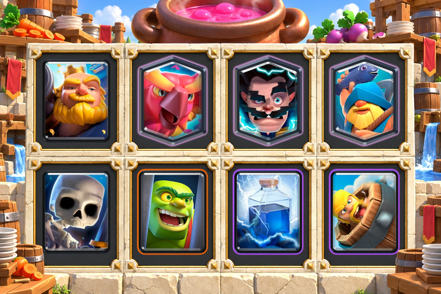 Royal Giant Phoenix Electro Wizard cards in order: Royal Giant, Phoenix, Electro Wizard, Fisherman, Skeletons, Goblin Cage, Lightning, Barbarian Barrel