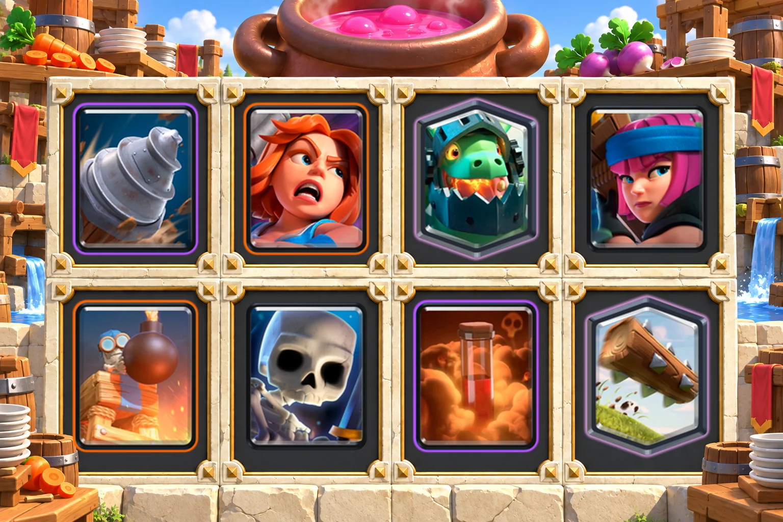 Drill Inferno Dragon Firecracker cards in order: Goblin Drill, Valkyrie, Inferno Dragon, Firecracker, Bomb Tower, Skeletons, Poison, The Log