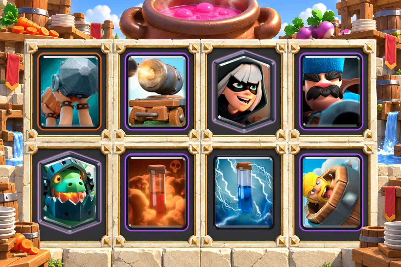 Battle Ram Cannon Cart Hunter cards in order: Battle Ram, Cannon Cart, Bandit, Hunter, Inferno Dragon, Poison, Zap, Barbarian Barrel
