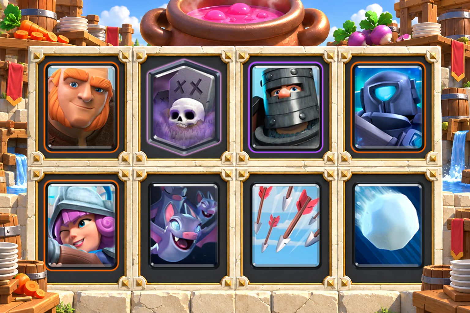 Giant Graveyard Dark Prince cards in order: Giant, Graveyard, Dark Prince, Mini P.E.K.K.A, Musketeer, Bats, Arrows, Giant Snowball