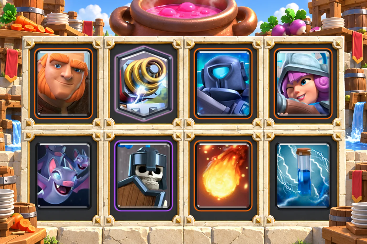 Giant Sparky Musketeer cards in order: Giant, Sparky, Mini P.E.K.K.A, Musketeer, Bats, Guards, Fireball, Zap