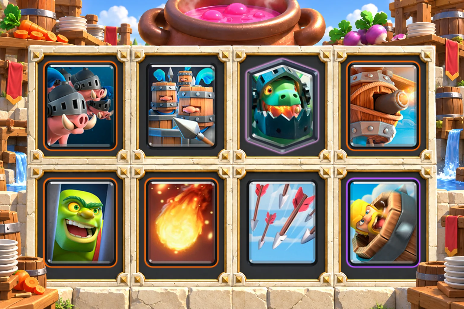 Royal Hogs Recruits Inferno Dragon cards in order: Royal Hogs, Royal Recruits, Inferno Dragon, Flying Machine, Goblin Cage, Fireball, Arrows, Barbarian Barrel
